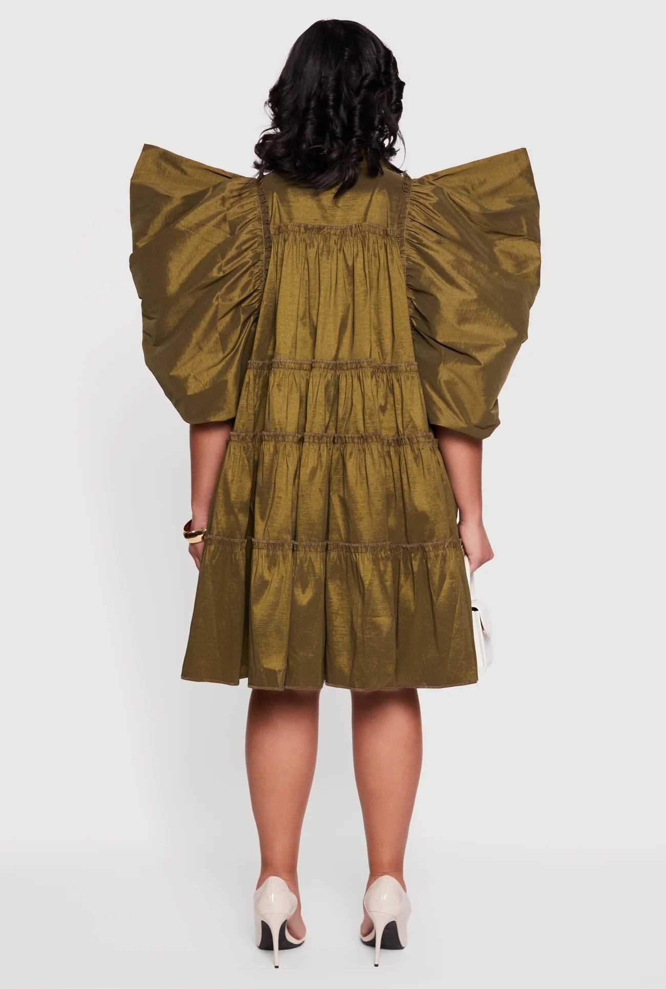 Olive Green Puff Sleeve Ruffle Tiered Button Front Shirt Dress