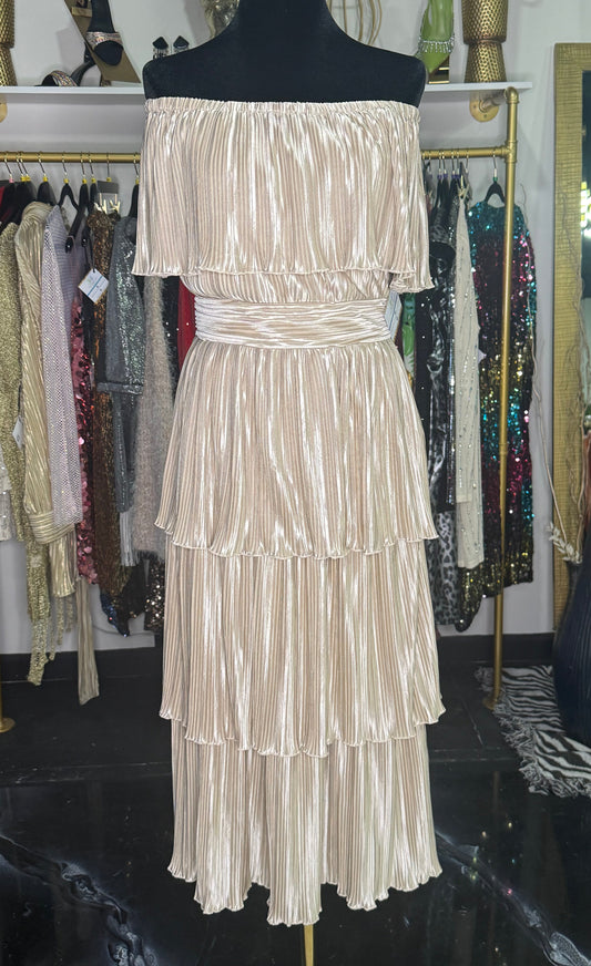 Pleated Satin Layered Midi Dress