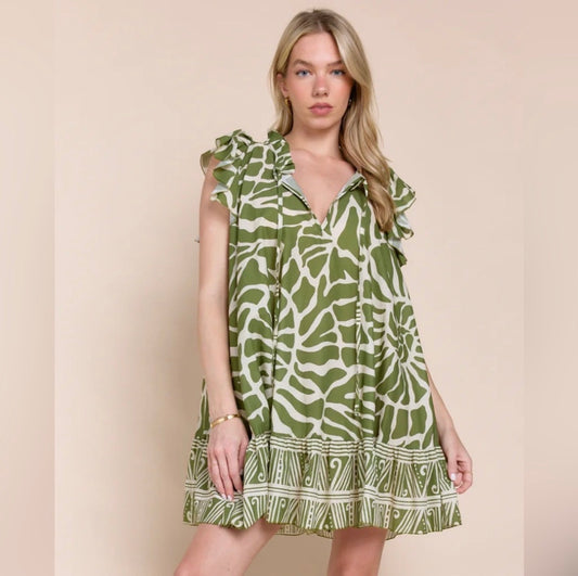 Sofia Made in Italy Green Printed Babydoll Dress