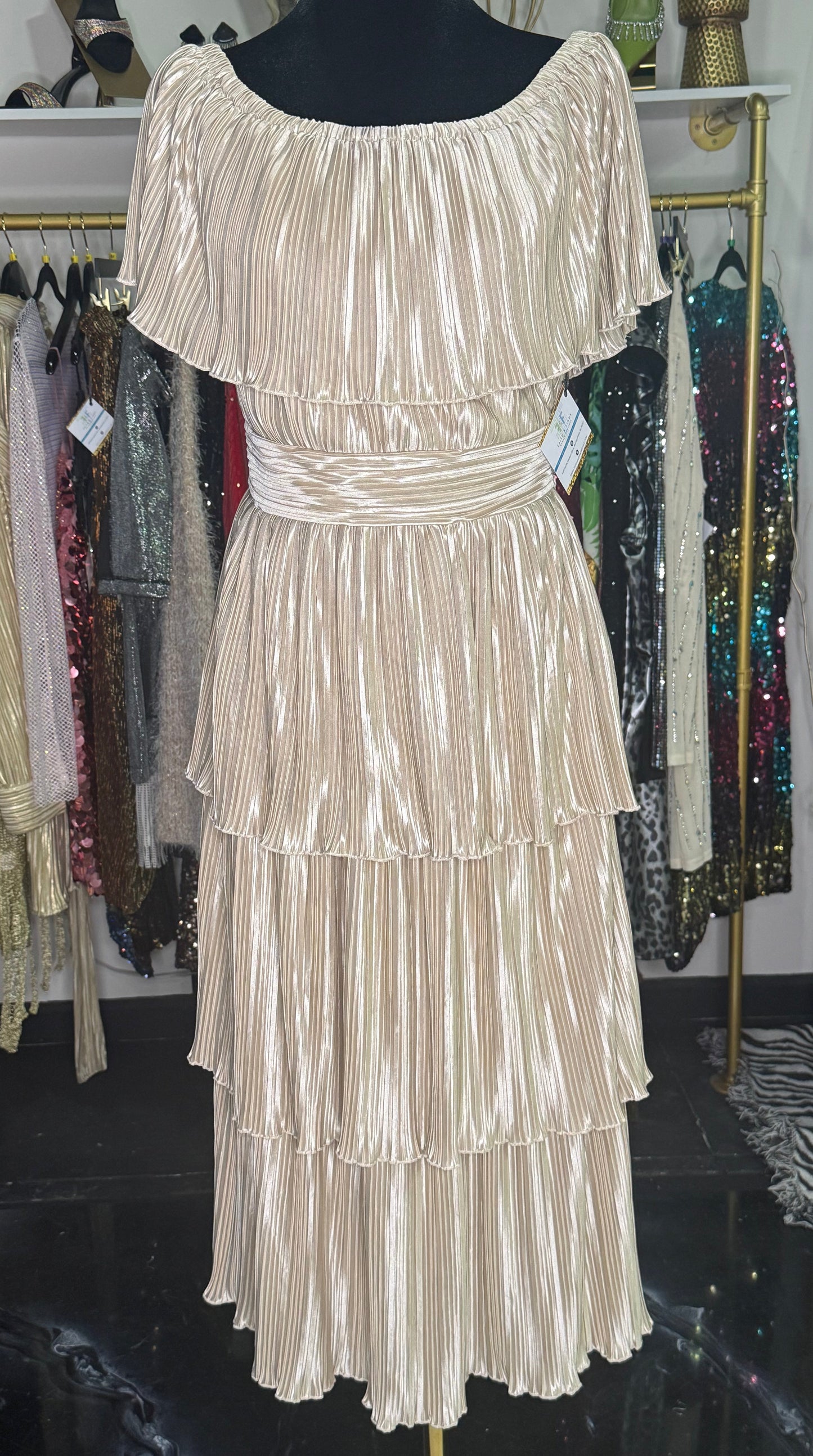Pleated Satin Layered Midi Dress