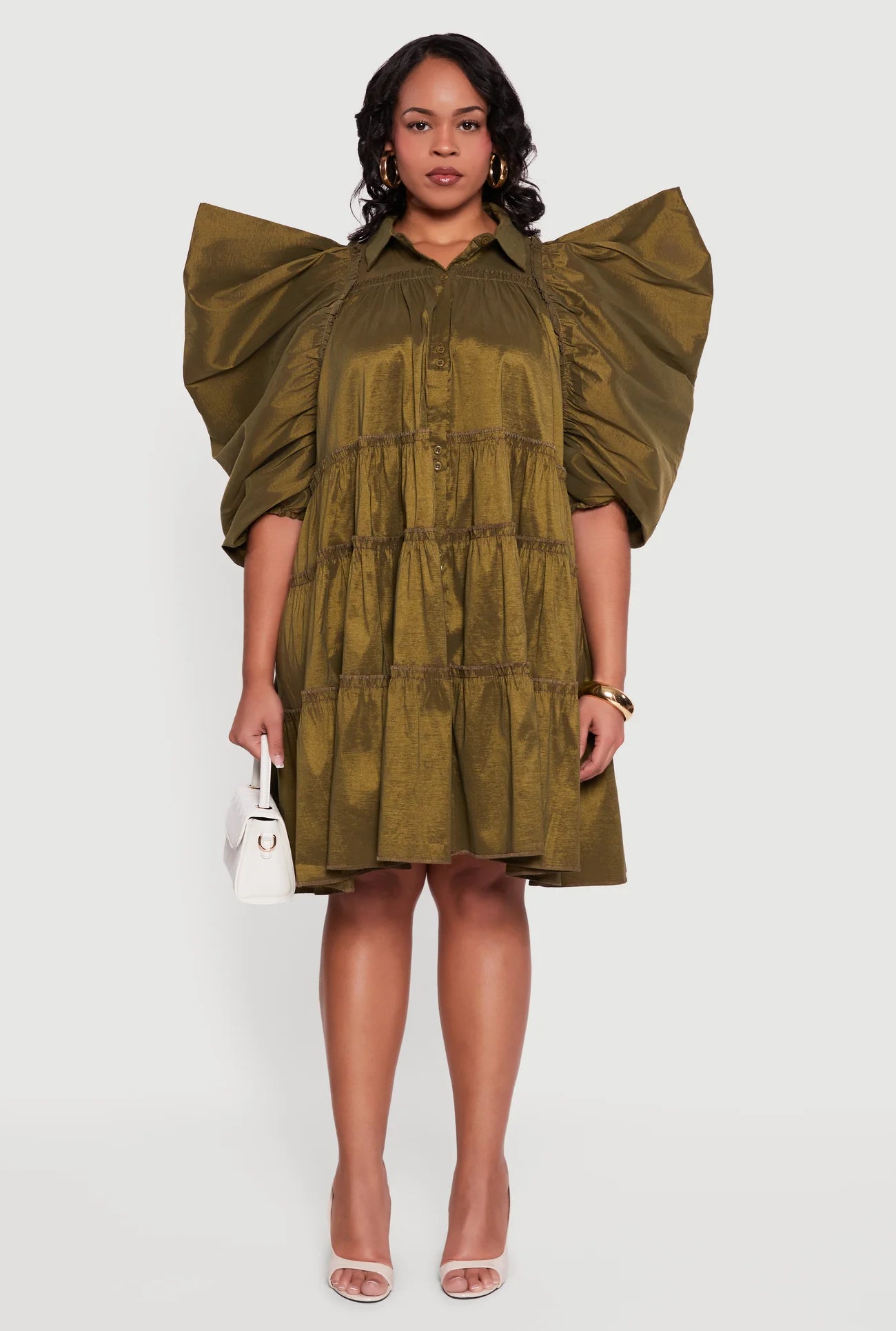 Olive Green Puff Sleeve Ruffle Tiered Button Front Shirt Dress