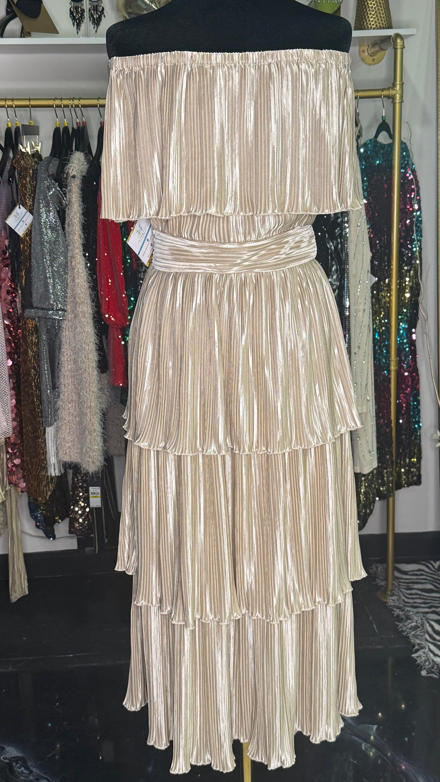 Pleated Satin Layered Midi Dress