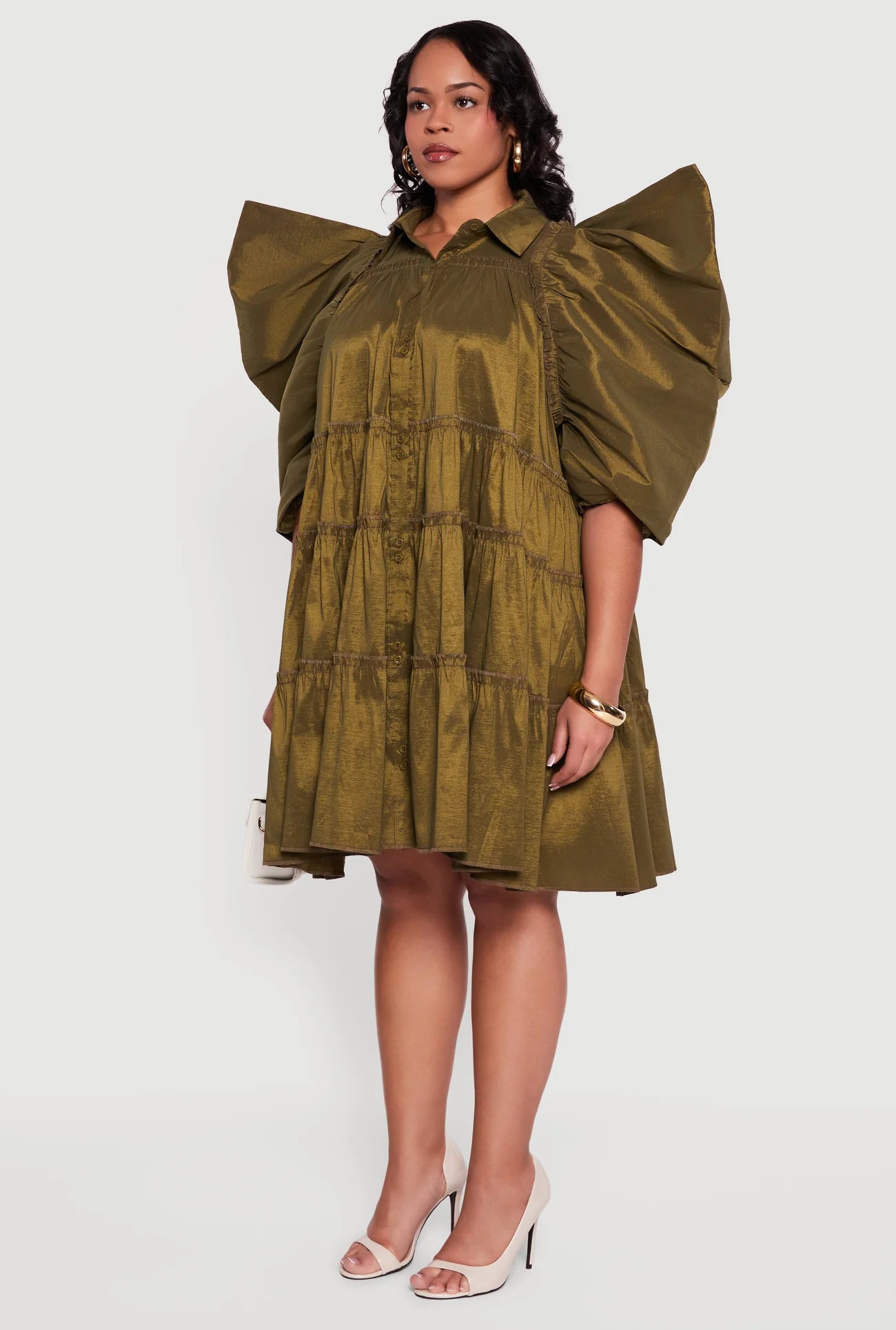 Olive Green Puff Sleeve Ruffle Tiered Button Front Shirt Dress