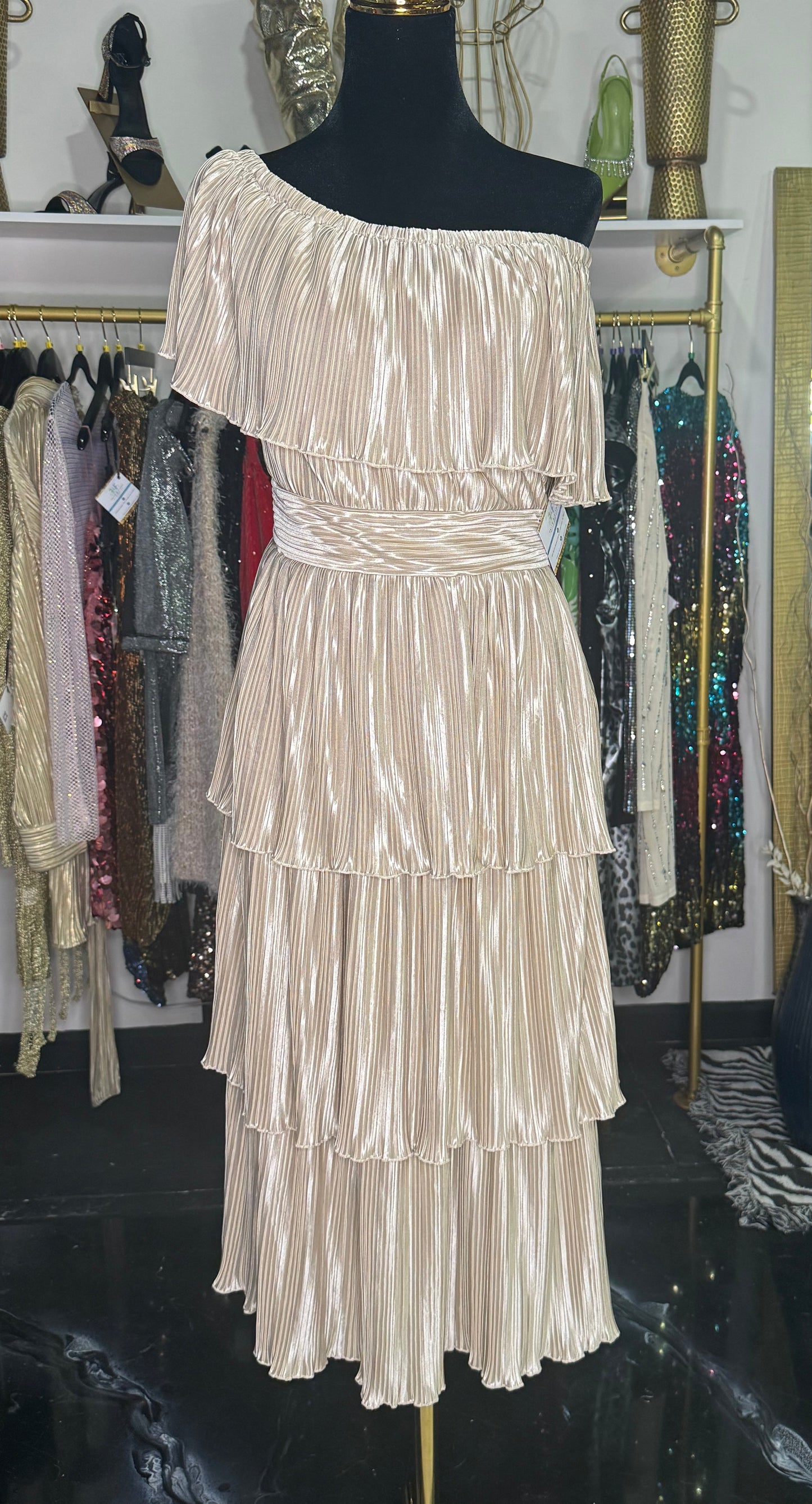 Pleated Satin Layered Midi Dress