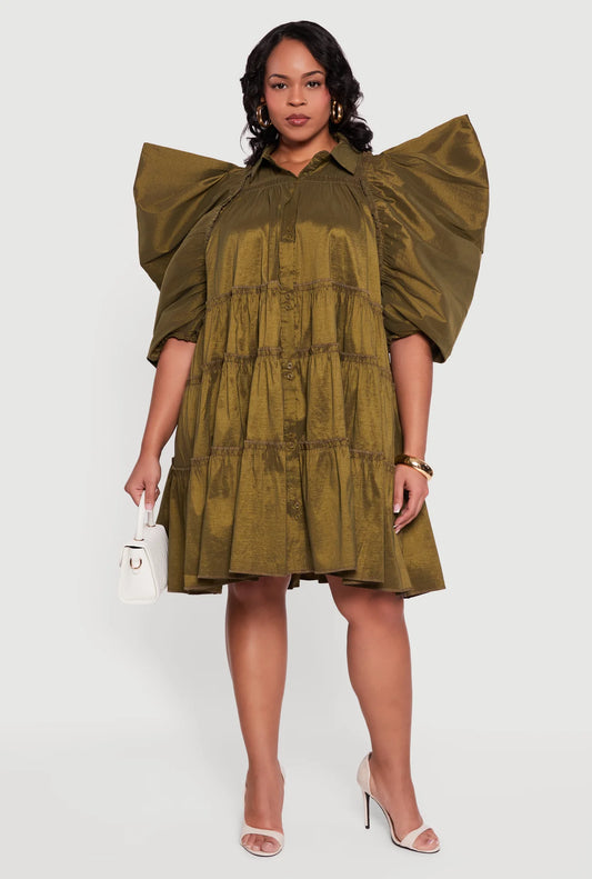 Olive Green Puff Sleeve Ruffle Tiered Button Front Shirt Dress