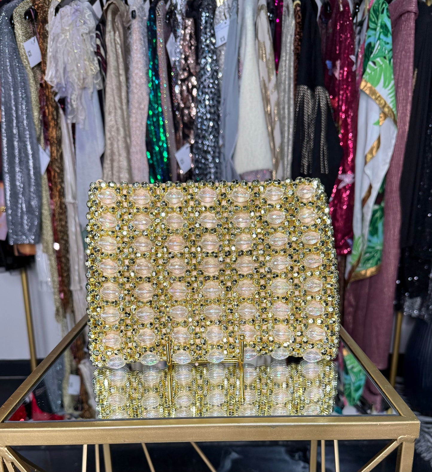 Gold Beaded Crossbody Clutch