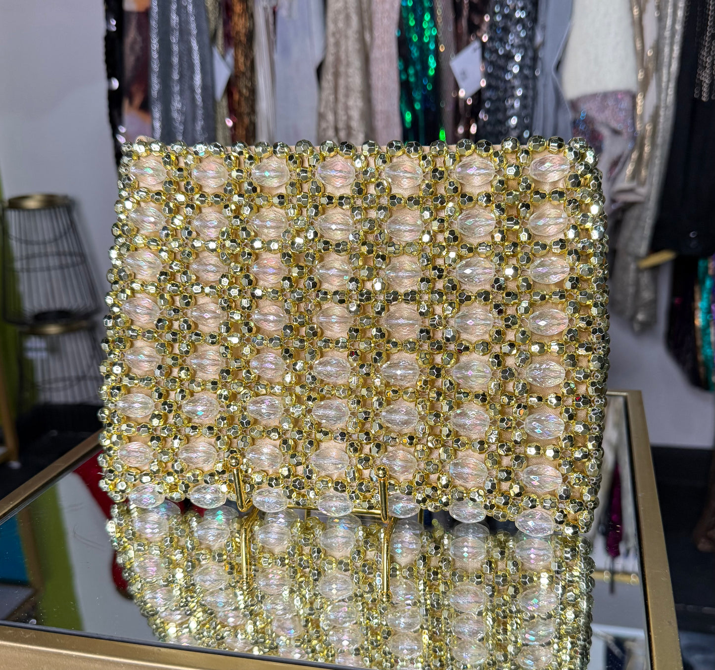 Gold Beaded Crossbody Clutch