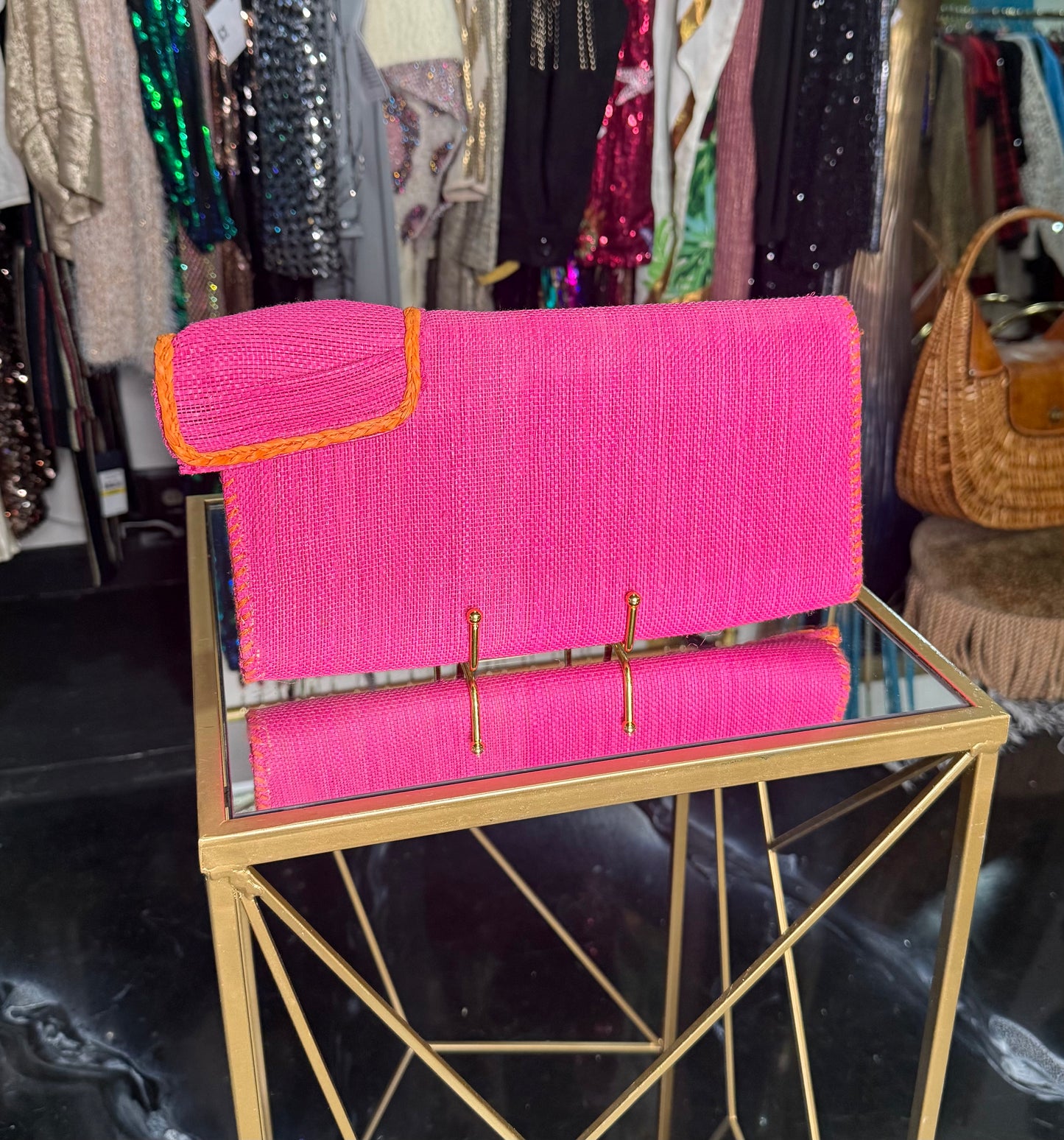 Pink & Orange Straw Clutch
