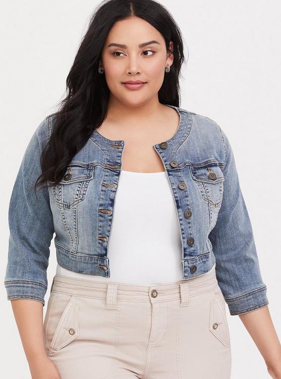 Collarless Crop Denim Jacket