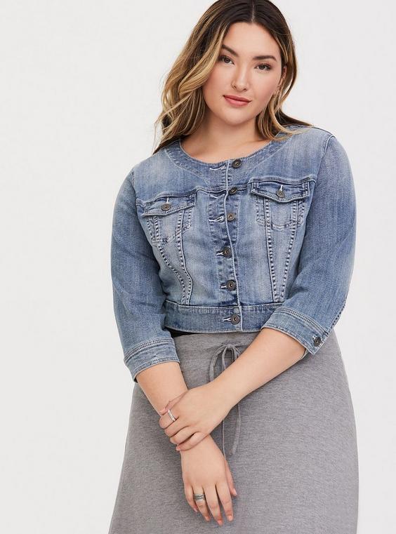 Collarless Crop Denim Jacket