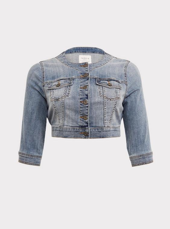 Collarless Crop Denim Jacket